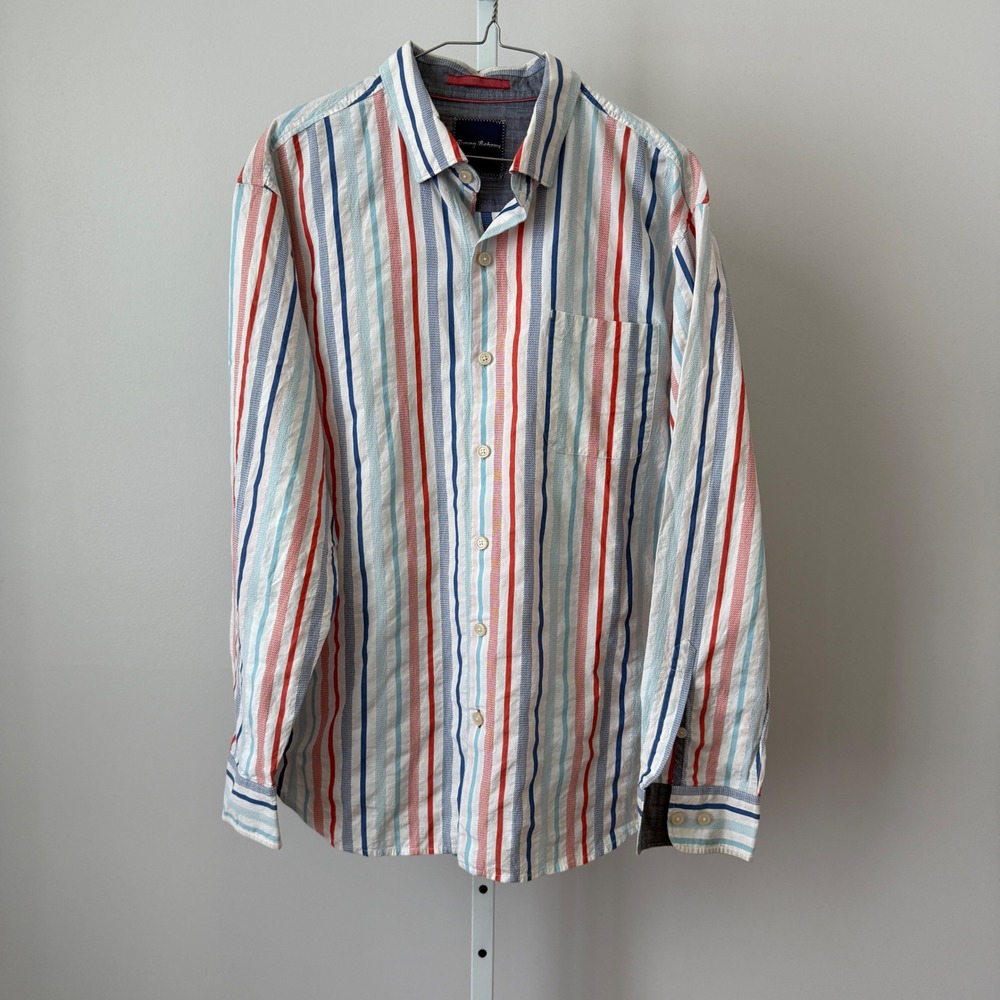 Tommy Bahama‎ L Multicolor Striped Button Cotton Silk Shirt Mens Preppy Office